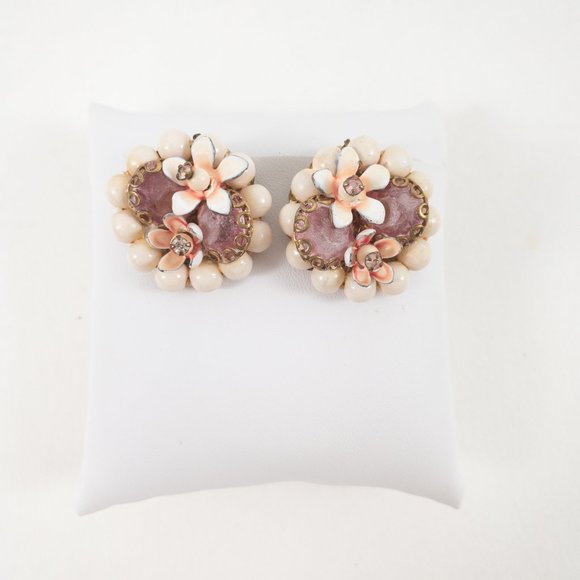 Vintage 50s Enamel Cluster Beaded Earrings Pink - Picture 2 of 7